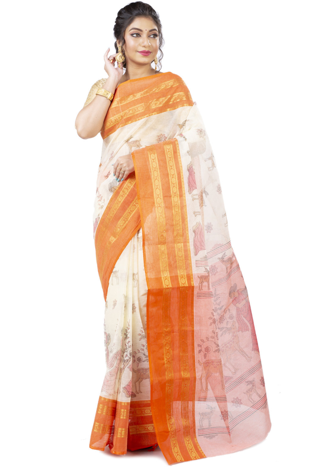 Orange Pure Cotton Sakuntala Tant Saree Print (1955)